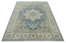 Hand Knotted 9x12 Ivory, Gray, Beige and Olive  Traditional Vintage Heriz Serapi Wool Rug | TRDCP1041912