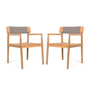 CREATIVE BRAIDED ACACIA WOOD OUTDOOR DINING CHAIRS WITH ARMRESTS, SUITABLE FOR OUTDOOR DINING AND LEISURE PLACES, TEAK LOOK & GREY ROPE,SET OF 2