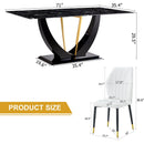 Black Marble Pattern Tempered Glass Dining Set - 71'x35.4' with 8 White PU Chairs With a Widened Backrest Design.