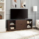 Modern Farmhouse TV Media Stand, Large Barn Inspired Home Entertainment Console, for TV Up to 80", with Open Shelves and Closed Cabinets, Espresso and Black, 70"Wx15.55"Dx26.89"H