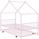 Twin Size Metal House Bed with Twin Size Trundle, Pink