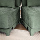 Ergonomic Three-Seater Sofa with Movable Ottomans and Lumbar Pillow in Green Chenille with Wooden Base