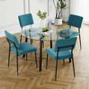 Modern simple table with a glass round table and four chairs. Transparent tempered glass countertop, black metal legs, suitable for kitchen living room dining room (set of 5)