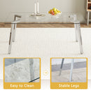 Table and chair set.71 * 35.4 inch rectangular dining table.Tempered Glass Tabletop,Silver 7-shaped Metal Table Legs.Paried With 6 Dark Gray High-quality PU Chairs With Arched Metal Legs.