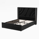 Full Size Modern Upholstered LED Bed Frame with Storage Drawers, Velvet Platform Bed with Wingback Headboard, RGB Light, Wooden Slats Support, No Box Spring Needed, Black
