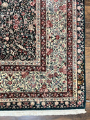 Large Sino Persian Rug 10x14, Wool Hand Knotted Vintage Carpet, Dark Green & Beige, Kirman Floral Rug, Fine Weave, Traditional, Large