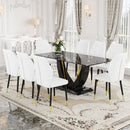 Black Marble Pattern Tempered Glass Dining Set - 71'x35.4' with 8 White PU Chairs With a Widened Backrest Design.