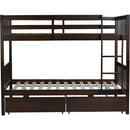 full Over full Rubber Wood Bunk Bed with 2 Drawers, Convertible into 2 full Beds, full Size Bunk Bed with Ladder and Safety Guardrails ,Espresso