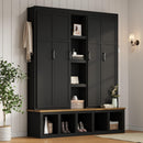 ON-TREND 62.9'W Farmhouse 4-in-1 Hall Tree with 6 Hanging Hooks, Mudroom Wood Grain Bench with Open Compartments, Entryway Shoe Cabinet with Seating Bench for Living Room, Hallway, Black