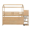 Walker Edison - Twin Size Wood House Loft bed with Slide, Storage shelves and Light, Climbing Ramp, Wood Color