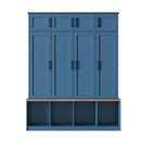 [Assembly Video Provided]  Farmhouse Hall Tree with 4 Hidden Hanging Hooks, Versatile Walnut Seating Bench with 8 Doors, Entryway Shoe Cabinet with Open Compartments for Living Room, Blue