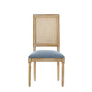 Set of 2 French Country Dining Chairs with Elegant Cane Backrest & Upholstered Seats in Slate Blue, Solid Rubberwood Frame