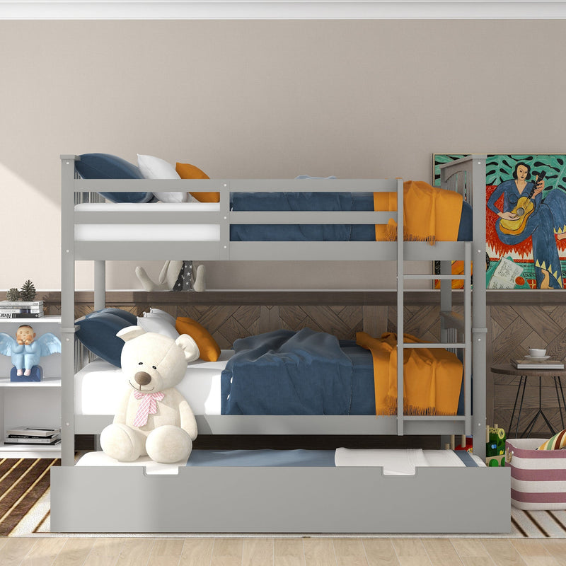 Full over Full Bunk Bed with Twin Size Trundle and Ladder-White