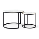 Set 2 Coffee Table Nesting White and gray top Black Frame Circular Round and Marble Pattern Wooden Tables, Living Room Bedroom Apartment Modern Industrial Simple Nightstand