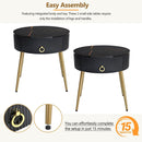 19.6" Easy Assembly End Tables with High Gloss Faux Marble Tabletops, Set of 2, Modern Fluted 2 Side Tables with Drawers, Round Coffee Tables with Golden Legs for Living Room, Black