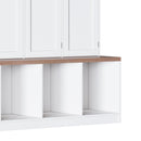 [Assembly Video Provided] Farmhouse Hall Tree with 4 Hidden Hanging Hooks, Versatile Walnut Seating Bench with 8 Doors, Entryway Shoe Cabinet with Open Compartments for Living Room, White