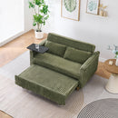 The pull-out and push-in green corduroy sofa with dual functions, equipped with a movable tabletop and USB ports, is suitable for use in living rooms and bedrooms.