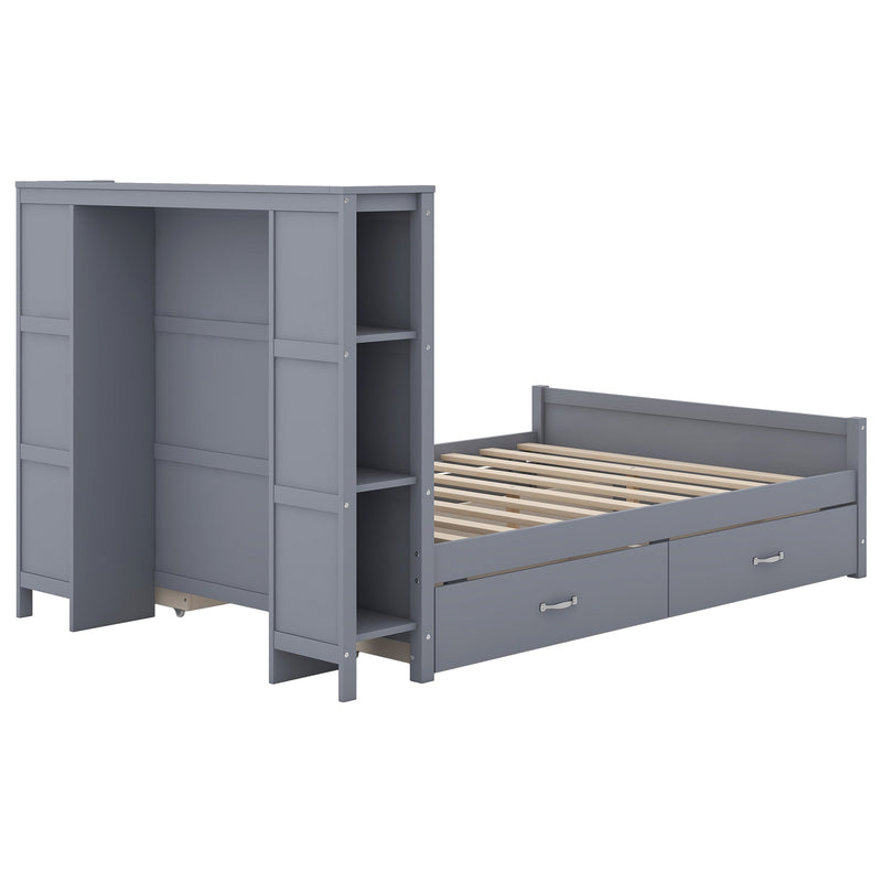 Full Size Platform Bed with Drawers and Storage Shelves, Gray