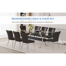 Table and chair set.Elegant Transparent Tempered Glass Dining Set - 71'x35.4' with 8 Black PU Chairs with a vertical stripe design on the backrest.