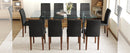 Table and chair set.79'x31.5' Inch Tempered Glass Tabletop With X-shaped Black Metal Table Legs,Wood Grain Textured MDF Crossbeam.Paired With 10 Black PU Dining Chairs with Walnut Color Metal Leg.