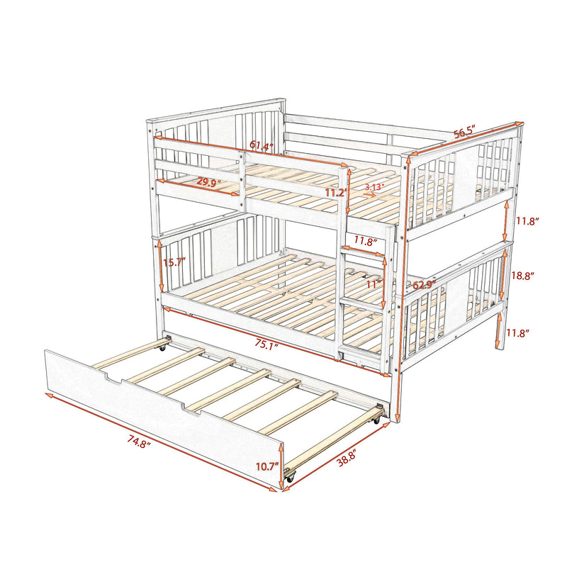 Full over Full Bunk Bed with Twin Size Trundle and Ladder-White