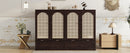 Queen Size Murphy Bed, Pine Wood Cabinet Bed with Power Station and Rattan Decoration Panel,Espresso