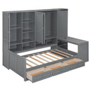 Twin Size Wooden Daybed With Three Drawers, and All-in-One Cabinet, Desk and Shelves, Gray