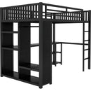 Full XL Size Loft Bed Frame with Built-in Wardrobe, Metal Loft Bed with Desk and Storage Shelves, Black