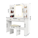 Vanity Desk with Mirror and LED Lights, 3 Lighting Modes and Power Outlet, 2 Spacious Drawers and Stool, White MDF