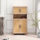 Mid-Century Modern 4-Door Storage Cabinet with Woven Rattan Doors & Adjustable Shelves - Perfect for Living Room & Dining Room