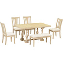 Traditional 6-Piece 78inch Trestle Extendable Dining Table Set with One 18inch Removable Leaf, Padded Dining Chairs and Bench,Natural