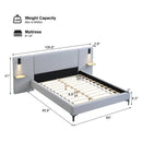 Chic Linen Upholstered Bed with Integrated Lights and Shelves, Grey, Queen