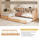 Twin Size Wooden L Shaped Daybed with Under-bed Trundle and Storage Drawer, Versatile Corner Bed Frame with Bookcases for 3, Natural