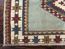Turkish Kazak Rug 4x6, Geometric Medallion, Caucasian Design Rug, Semi Antique Vintage, Mint Green Maroon Ivory