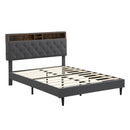 Modern Upholstered King-Size Platform Bed Frame with Button-Tufted Linen Headboard and USB Ports, Dark Grey