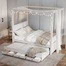 Full Size Upholstery Canopy Platform Bed with Trundle and Three Storage Drawers, Beige