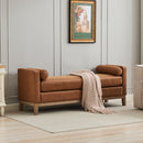 Elegant Upholstered Bench,Daybed,Ottoman with Wood Legs & 2 Bolster Pillows,Brown PU,66.34'W