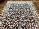 Indo Persian Rug 8x10, Repeated Allover Pattern, Navy Blue Ivory, Handmade Vintage Wool Carpet