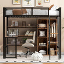 Full Size Metal Loft bed with Built-in Desk, Wardrobeand Shelves, Black(ETA:1.23)