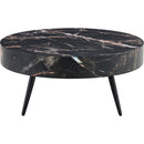 31.5' Black Marble-Patterned MDF Round Coffee Table with black Metal Legs.Adjustable Feet,Coffee table,Round Table Design,MDF Material,Black Marble Pattern.