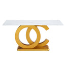Table and chair set.Subtle Luxury Tempered Glass Dining Set - 63'x35.4' with 4 Black PU Chairs with golden C-tube metal leg.Arched Metal Gold Leg.White imitation marble texture sticker Tabletop.