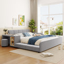 Queen Size Upholstered Grounded Bed, Mother & Child Bed with Bedside Desk and Little Round Stool, Velvet, Gray
