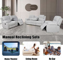 Grey Linen Recliner Sofa Set Featuring Drop Down Table