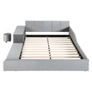 Queen Size Upholstered Grounded Bed, Mother & Child Bed with Bedside Desk and Little Round Stool, Velvet, Gray