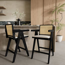 27' Height, Cream Grey Woven Cane Plastic Backrest Bar Stool - Foam-Padded Fabric Seat & Durable Rubberwood Frame