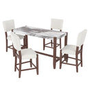 5-Piece Counter Height Dining Set, Faux Marble Bar Table with 4 Upholstered Chairs, Mid-Century Style for Kitchen or Small Spaces