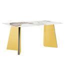Table and chair set.63'x31.5x30' Luxurious Pandora patterned Sintered Stone Tabletop with Golden Stainless Steel Butterfly Legs.Paried With 4 Black High-quality PU Chairs With Arched Metal Legs.