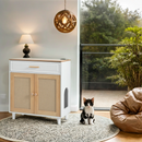 Pet-Friendly Furniture Style Cat Litter Box House with Sisal Scratching Door and Charging Socket, Beige+White MDF