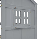 Full Size House Loft Bed with Roof, Windows,4 Storage Drawers,Pine Wooden Bed with Safety Guardrails,Ladder,Grey