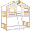 Twin over Twin House Bunk Bed with Roof, Window, Window Box, Door, with Safety Guardrails and Ladder, Natural/White